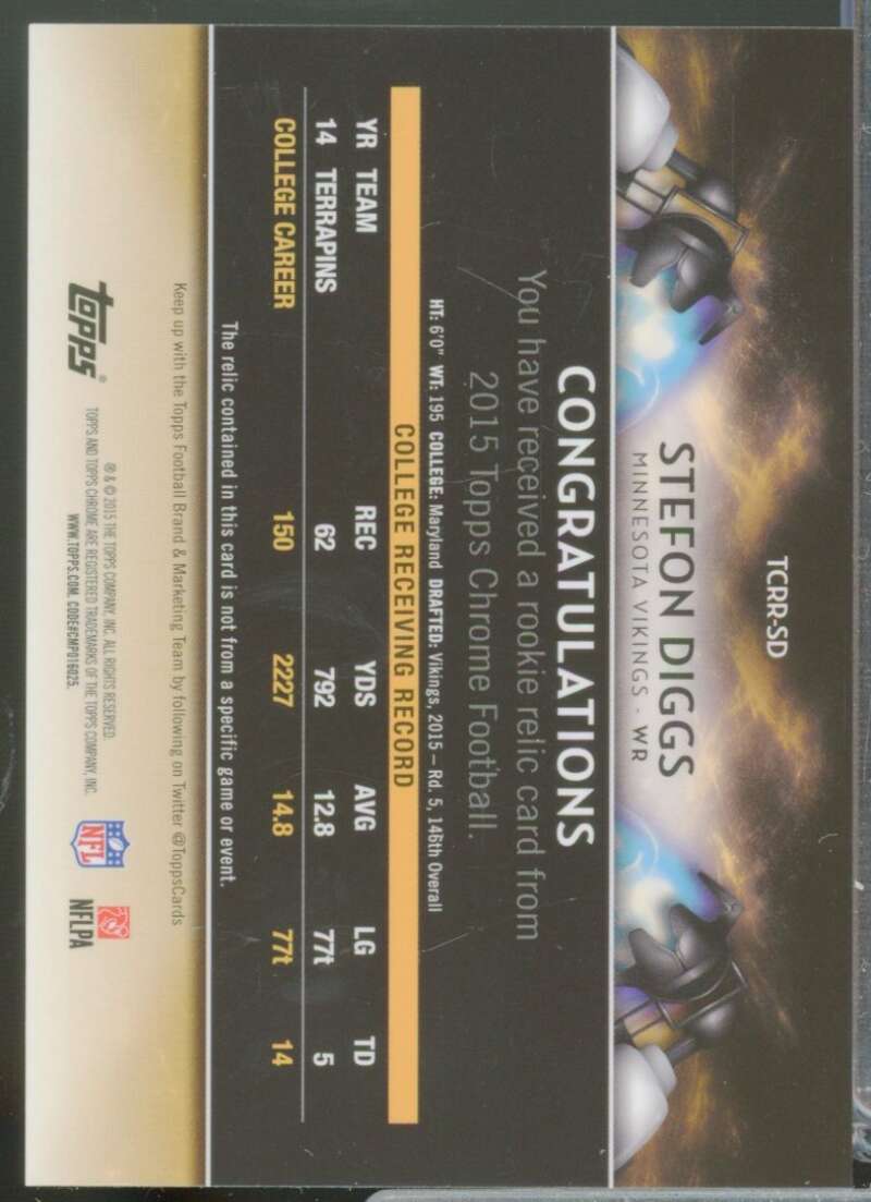 Stefon Diggs Card 2015 Topps Chrome Rookie Retail Jersey Relics #TCRRSD  Image 2