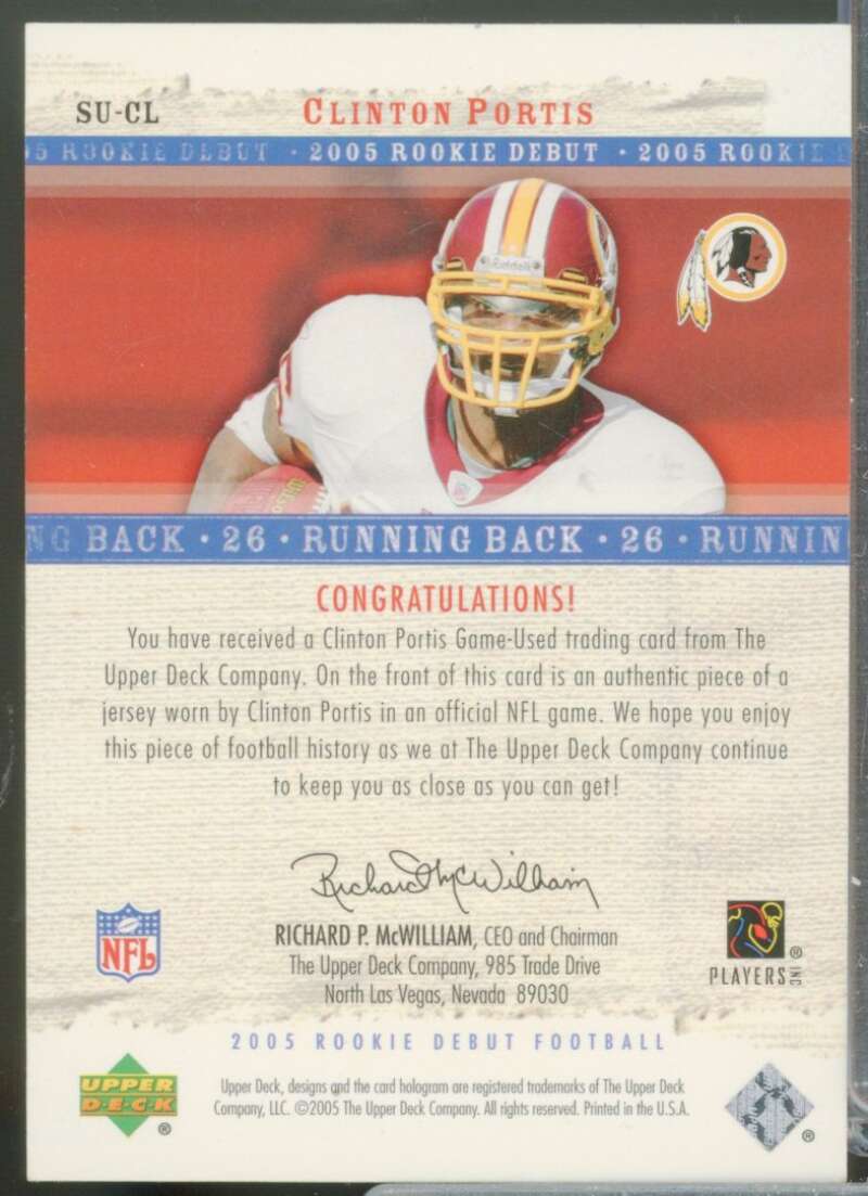 Clinton Portis Rookie Card 2005 Upper Deck Rookie Debut Sunday Swatches #SUCL  Image 2