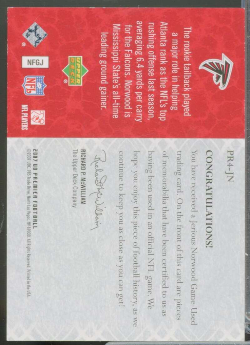 Jerious Norwood Card 2007 Upper Deck Premier Remnants Jersey Quad #PR4JN  Image 2