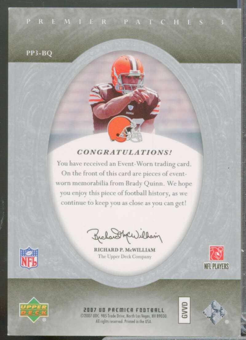 Brady Quinn /99 Card 2007 Upper Deck Premier Patches Jersey Triple #PP3BQ  Image 2