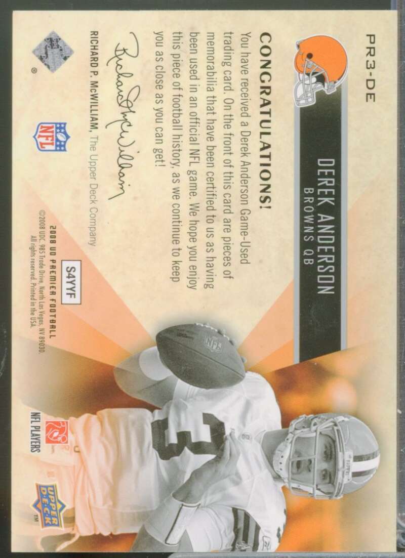 Derek Anderson /65 2008 Upper Deck Premier Remnants Jersey Triple NFL #PR3DE  Image 2