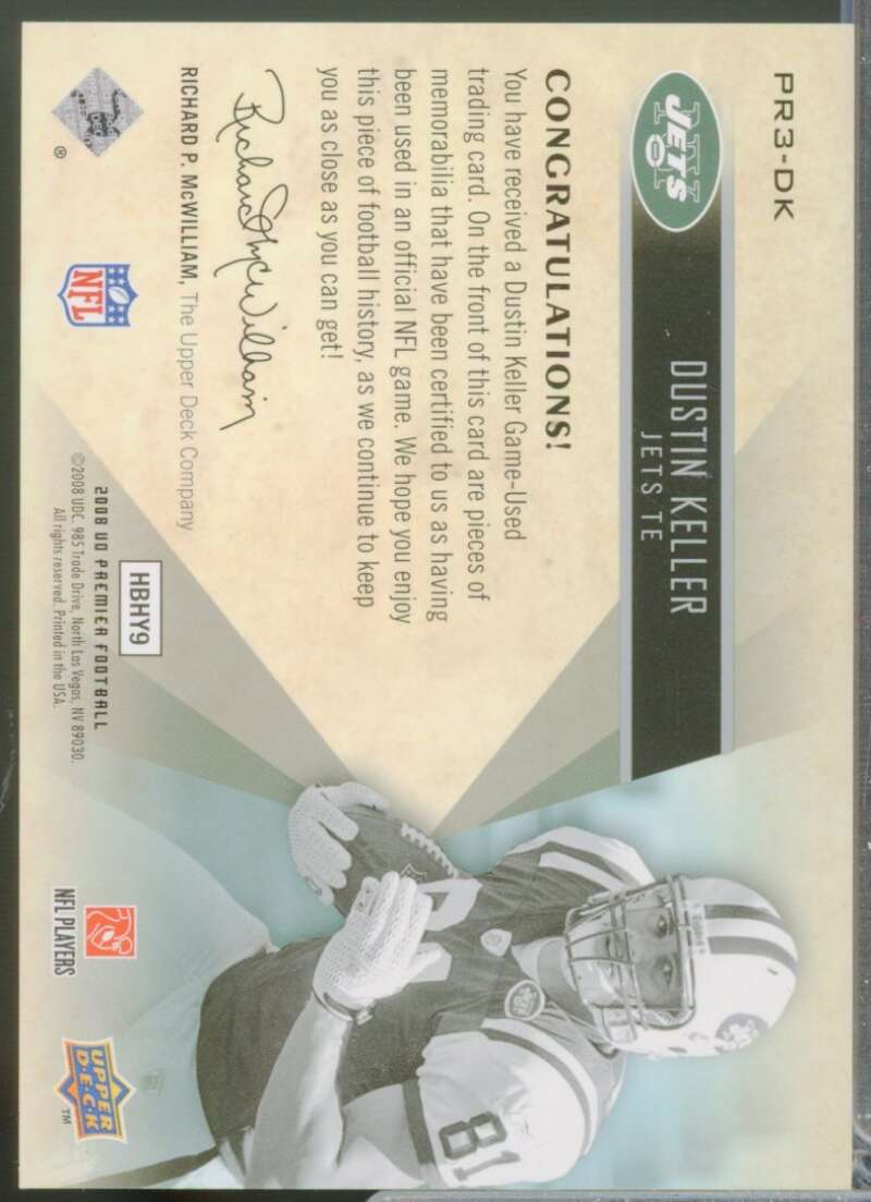Dustin Keller /25 2008 Upper Deck Premier Remnants Triple Jersey Number #PR3DK  Image 2