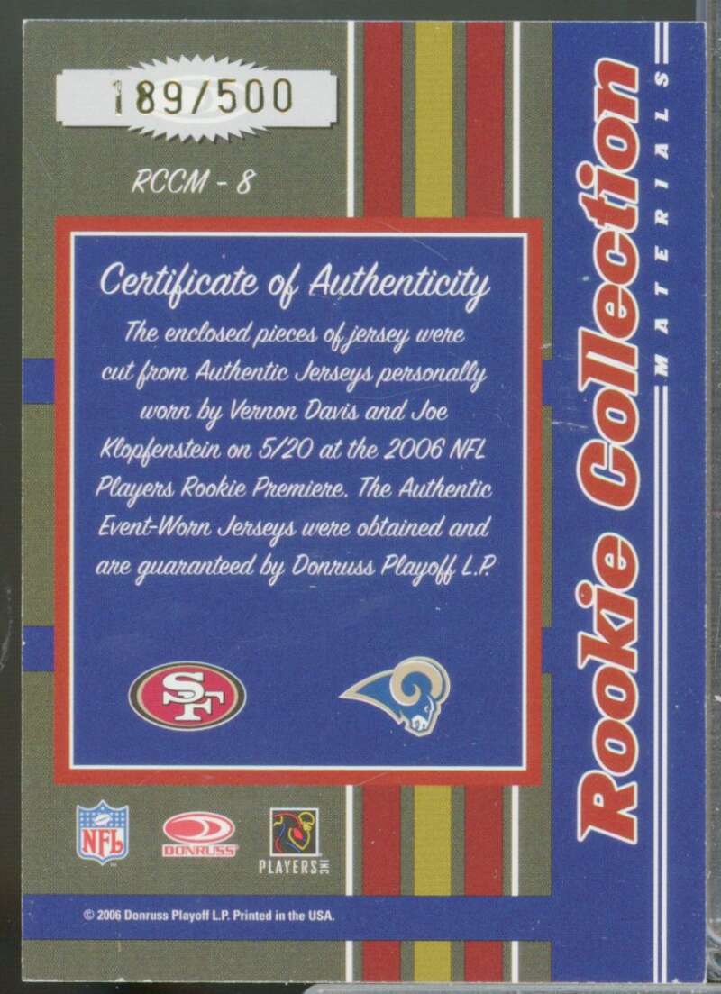 Vernon Davis Joe Klopfenstein 2006 Donruss Threads Rookie Collection Jerseys #8  Image 2