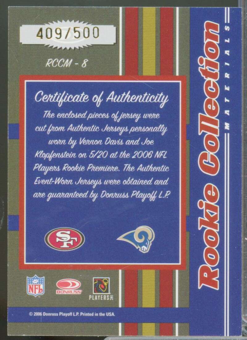 Vernon Davis Joe Klopfenstein 2006 Donruss Threads Rookie Collection Jerseys #8  Image 2