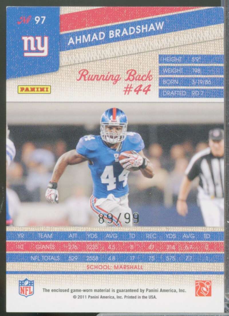 Ahmad Bradshaw /99 Card 2011 Panini Threads Jerseys Prime #97  Image 2