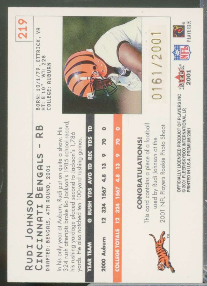 Rudi Johnson Card 2001 Fleer Premium Rookie Game Ball #219  Image 2