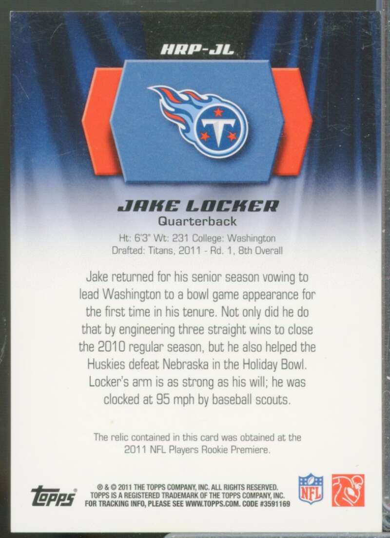 Jake Locker Card 2011 Topps Rookie Jersey Patch #HRPJL  Image 2