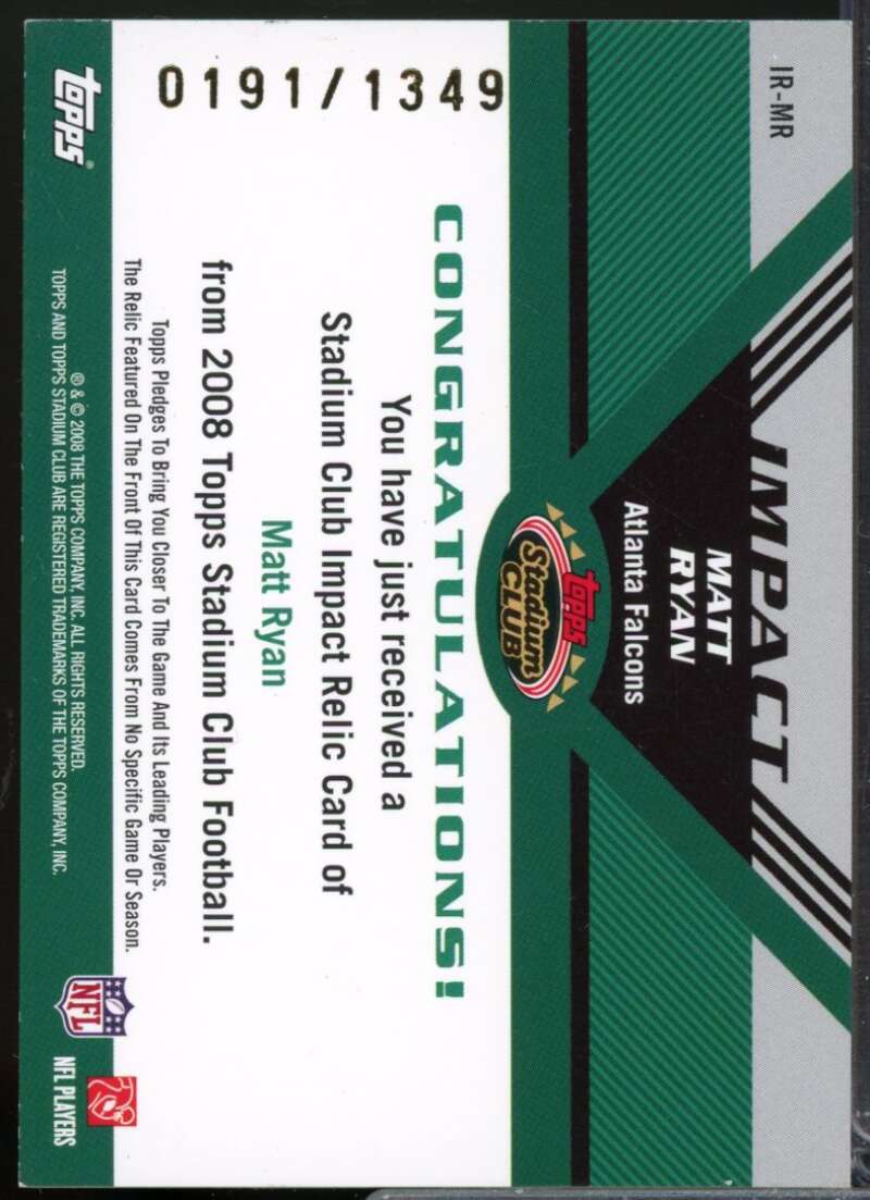 Matt Ryan Rookie Card 2008 Stadium Club Impact Jersey Relics #IRMR  Image 2
