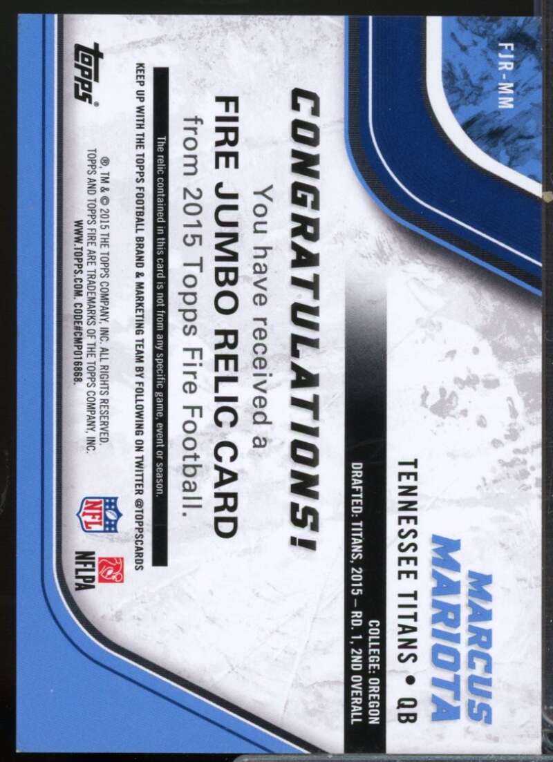 Marcus Mariota Rookie Card 2015 Topps Fire Jumbo Jersey Relics #FJRMM  Image 2