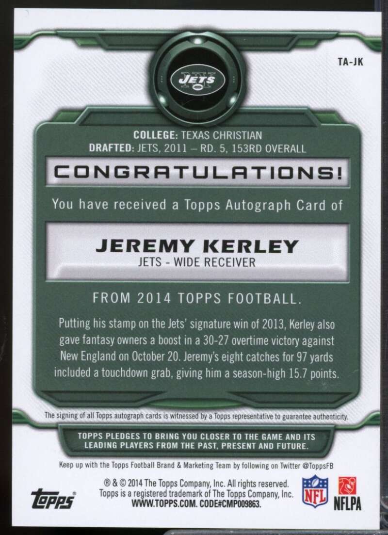 Jeremy Kerley Card 2014 Topps Autograph Signatures #TAJK  Image 2