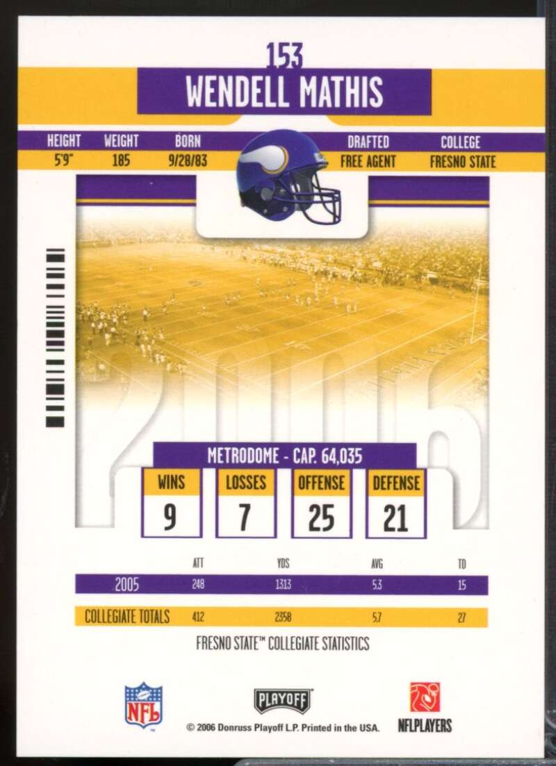 Wendell Mathis Rookie Card 2006 Playoff Contenders Autograph #153  Image 2