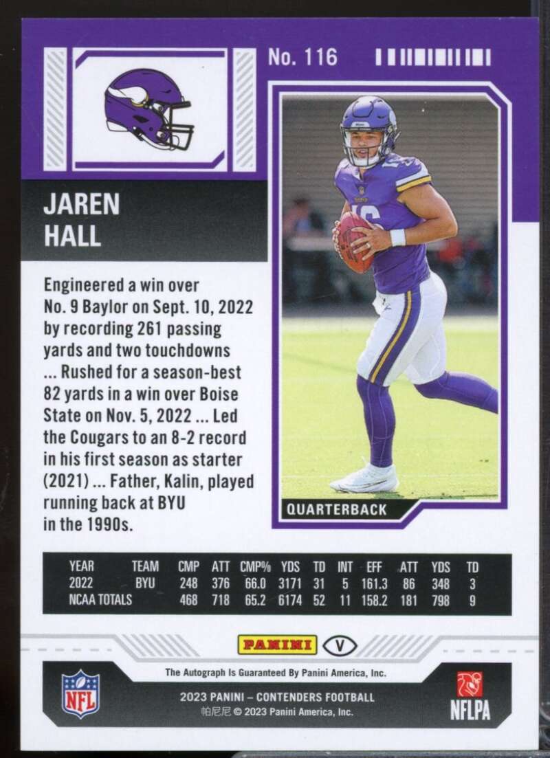 Jaren Hall Rookie Card 2023 Panini Contenders Autograph #116  Image 2