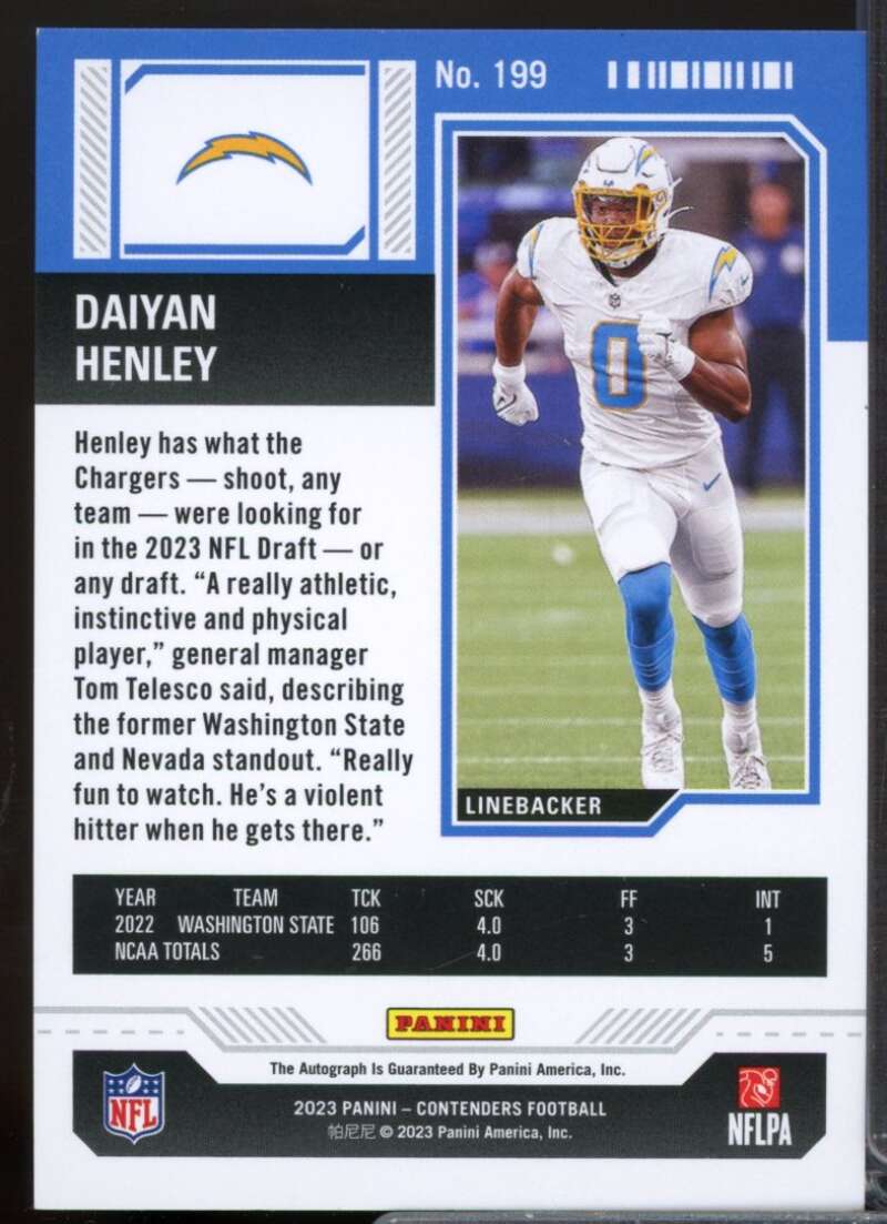 Daiyan Henley Rookie Card 2023 Panini Contenders Autograph #199  Image 2