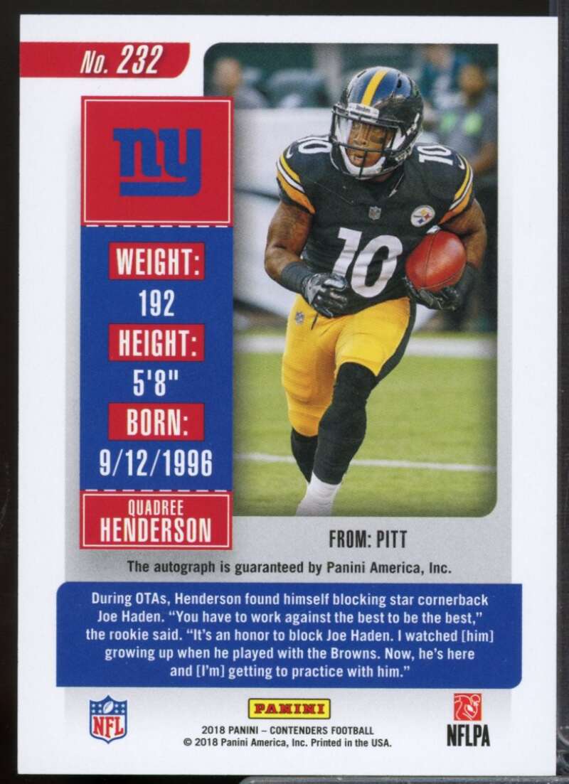 Quadree Henderson Rookie 2018 Panini Contenders Playoff Ticket Autograph #232  Image 2