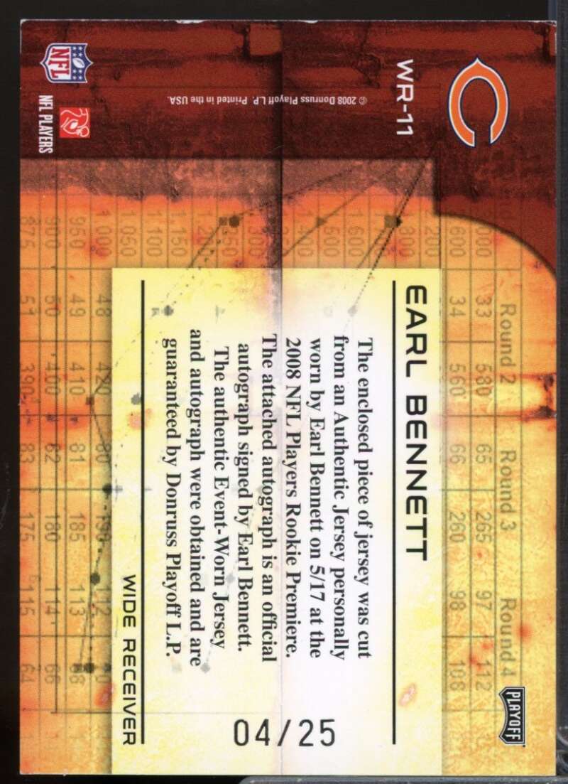 Earl Bennett 2008 Absolute Memorabilia War Room Jersey Materials Autographs #11  Image 2
