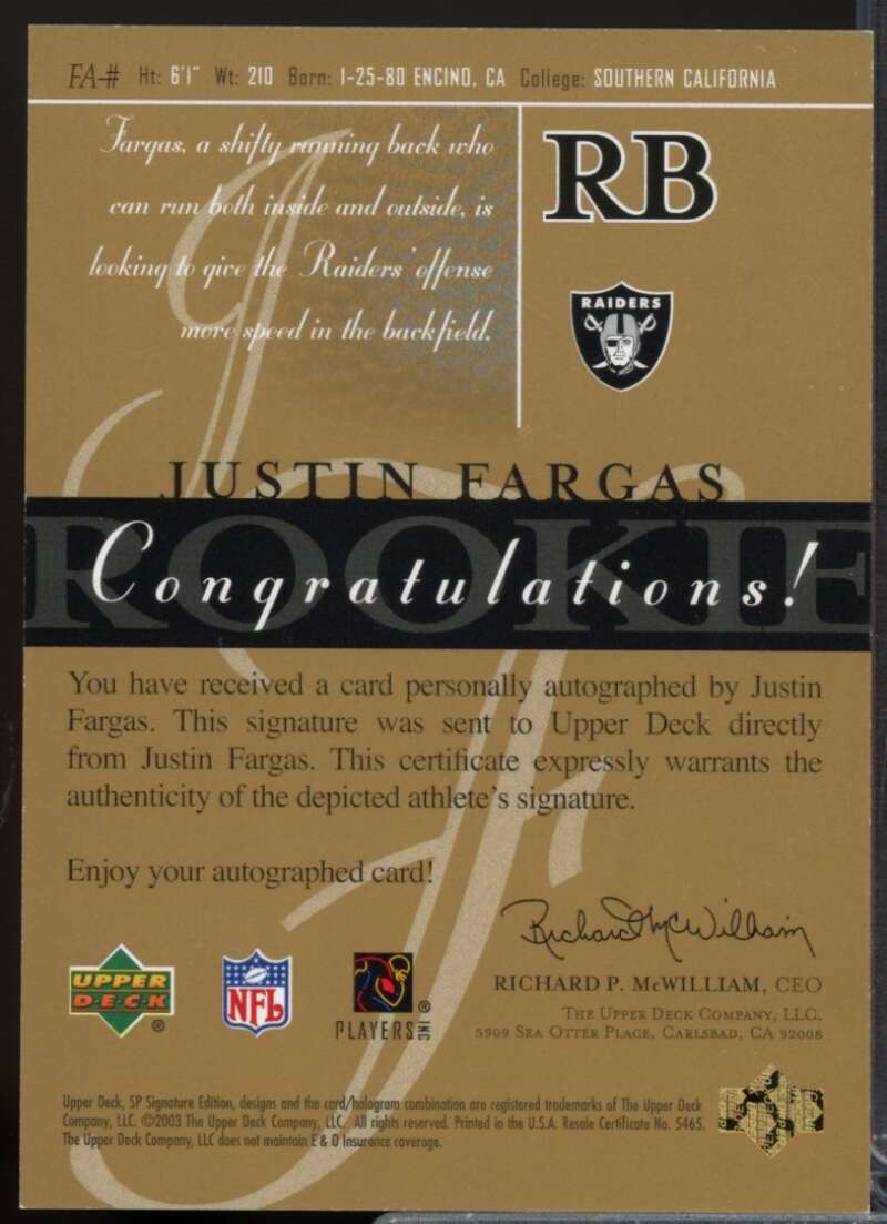 Justin Fargas /100 Card 2003 SP Signature Autographs Blue Ink #FA  Image 2