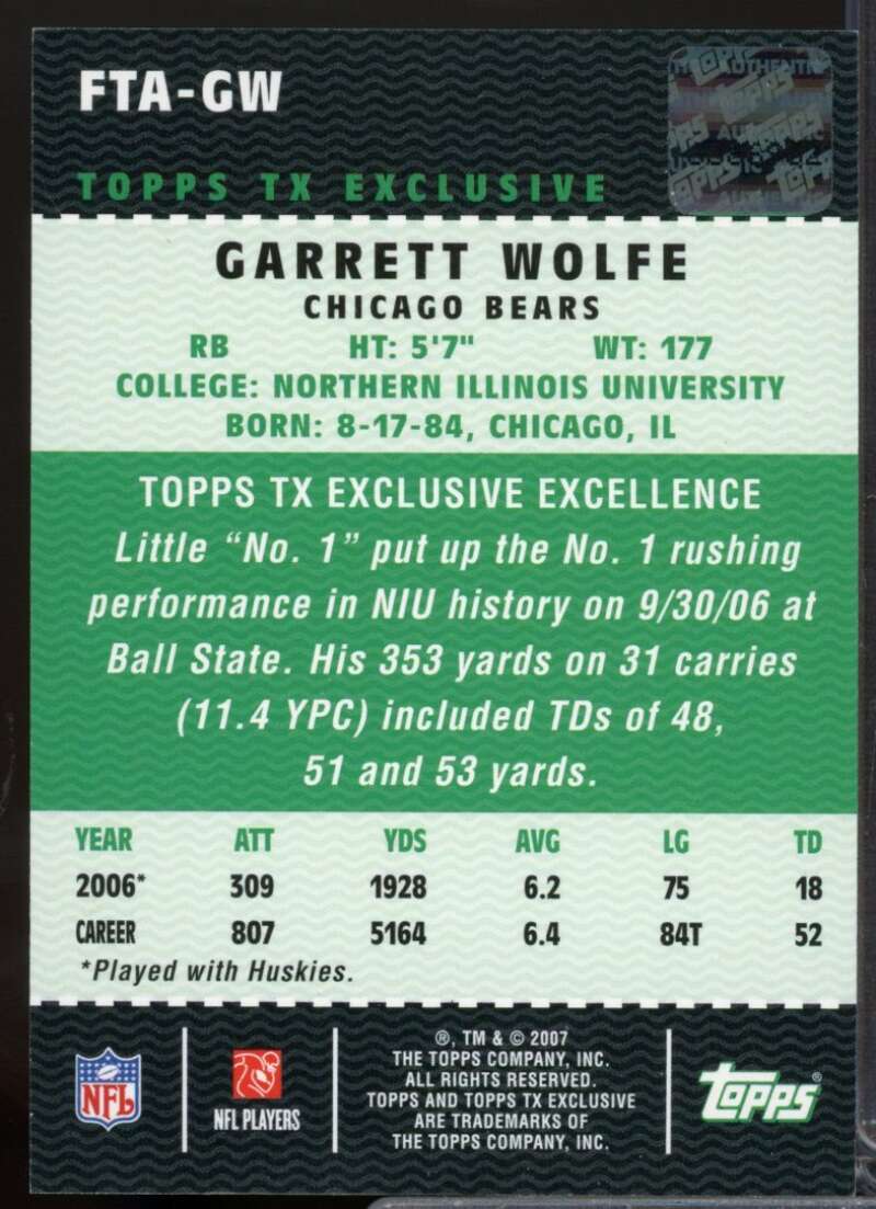 Garrett Wolfe Card 2007 Topps TX Exclusive Rookie Autographs #GW  Image 2