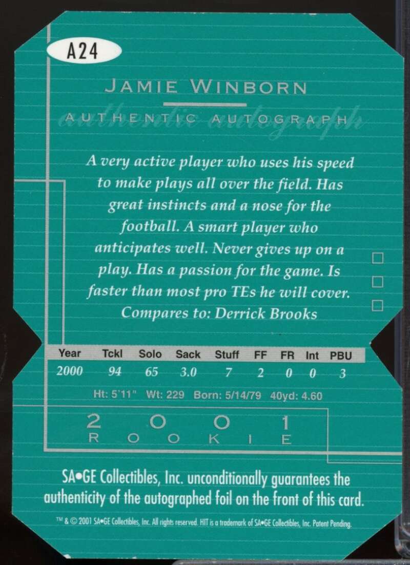 Jamie Winborn /250 Card 2001 SAGE HIT Autographs Die Cuts #A24  Image 2