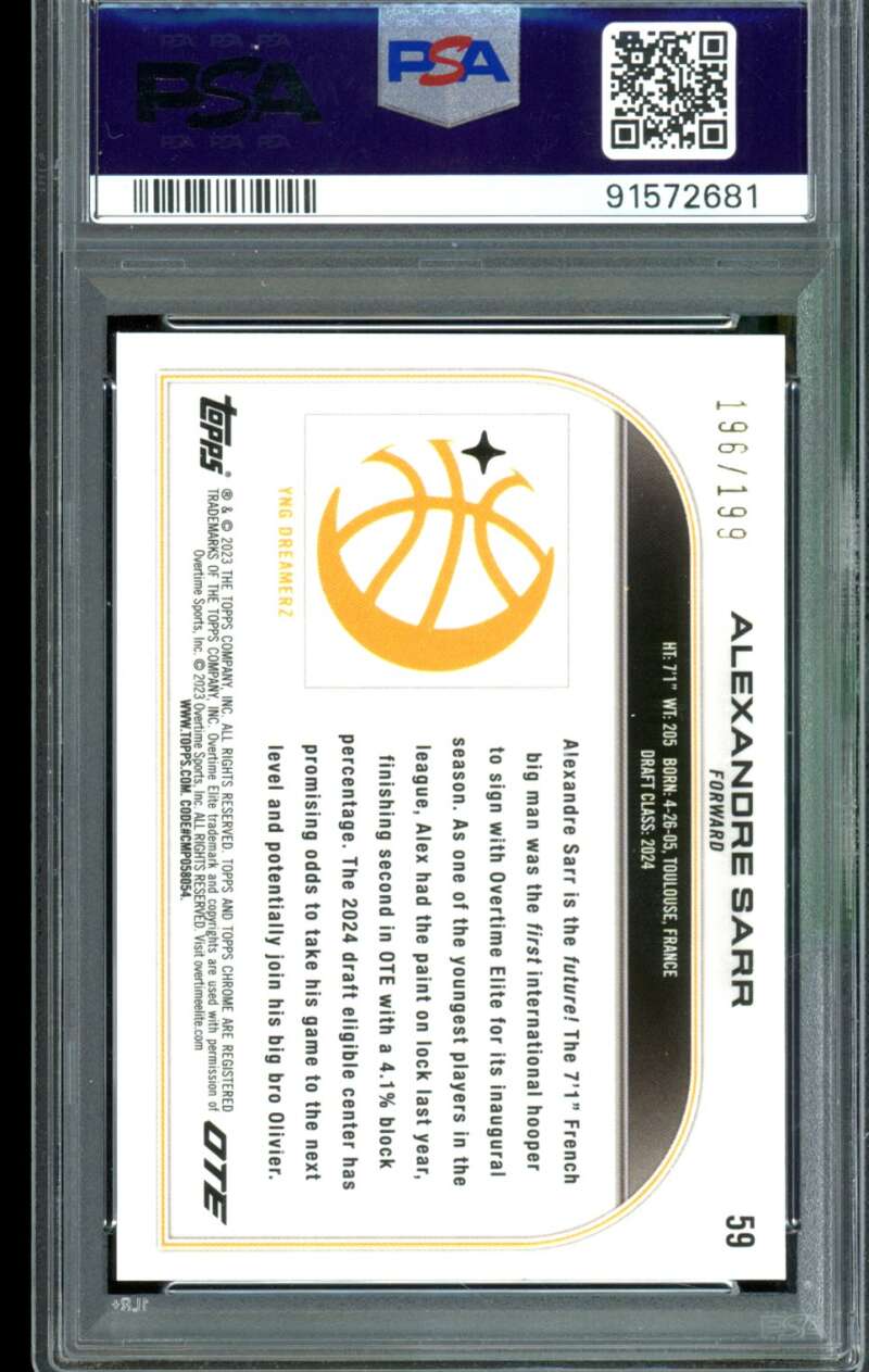 Alexandre Sarr Rookie 2022-23 Topps Chrome OTE Aqua Refractor (pop 2) #59 PSA 9 Image 2