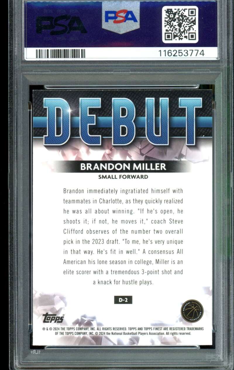 Brandon Miller Rookie Card 2023-24 Finest Debut Checkerboard (pop 4) #D2 PSA 10 Image 2