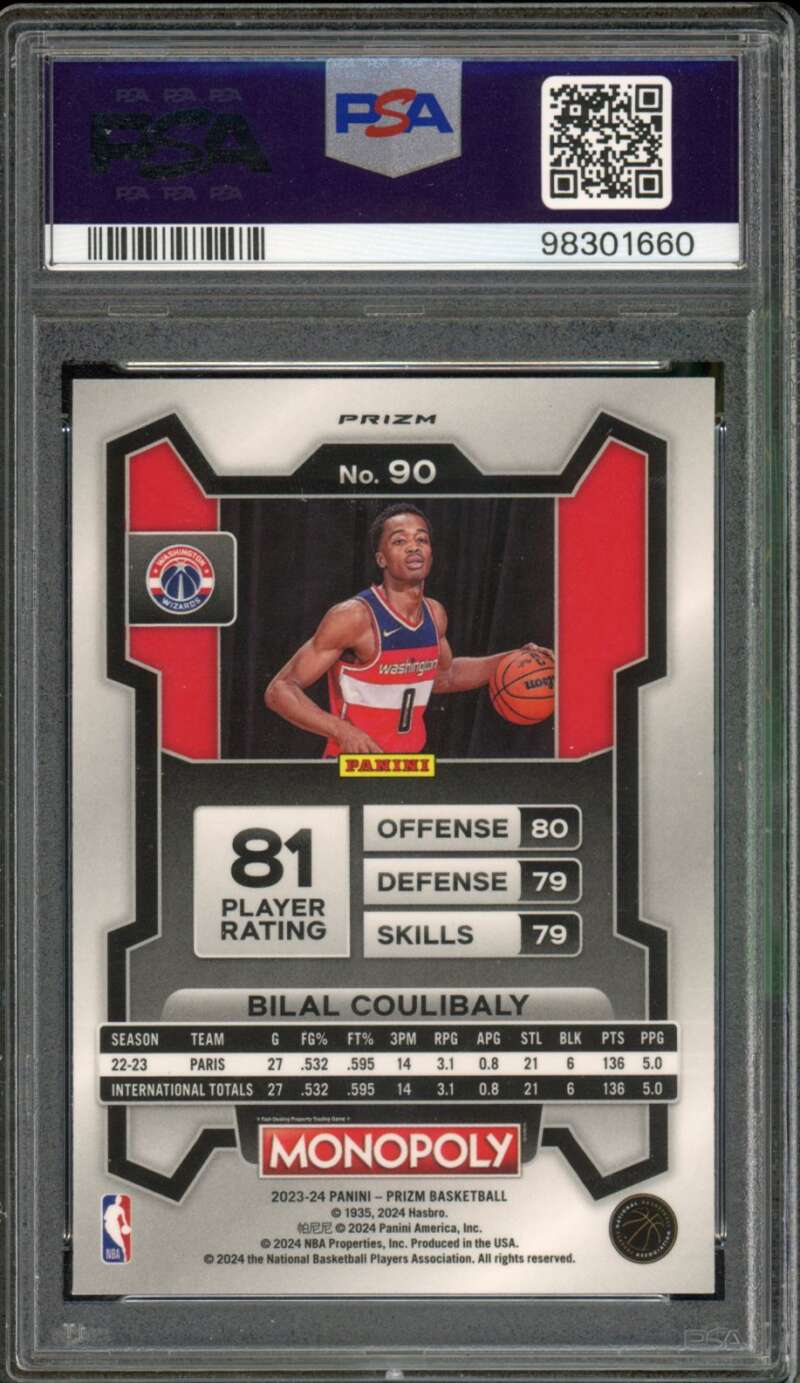 Bilal Coulibaly Rookie Card 2023-24 Prizm Monopoly Purple #90 PSA 10 Image 2