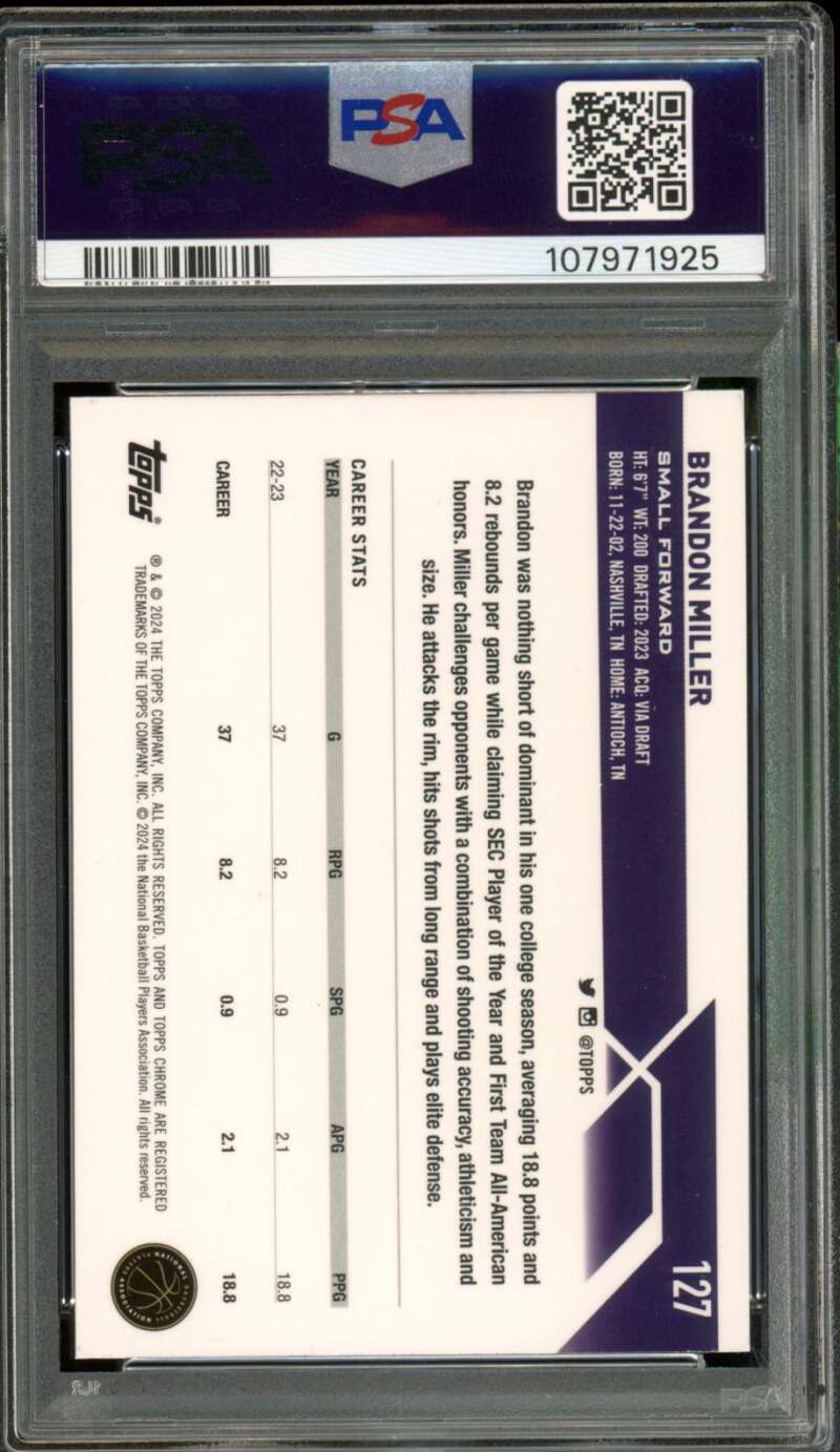 Brandon Miller Rookie Card 2023-24 Topps Chrome Blue Refactor #127 PSA 8 Image 2