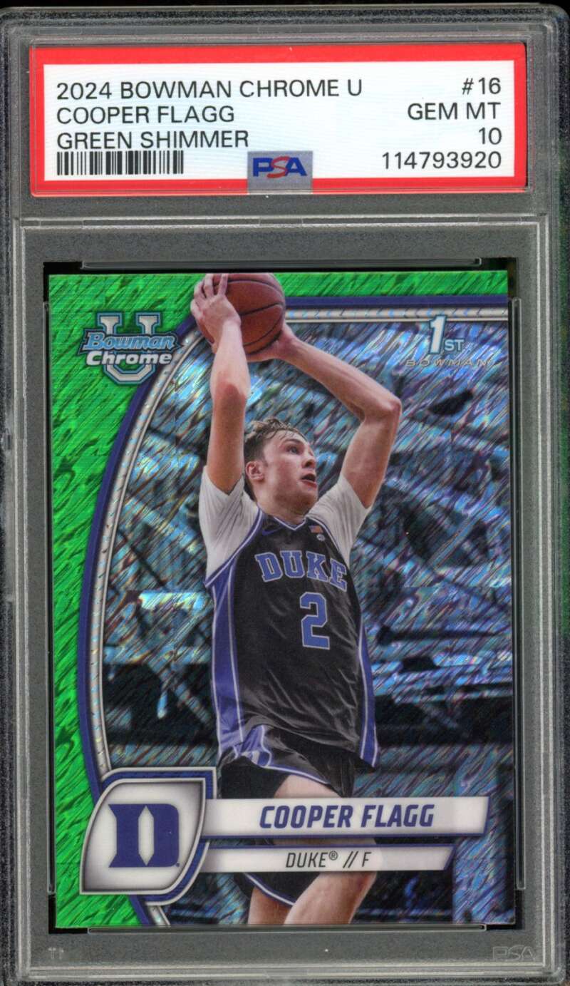 Cooper Flagg Rookie Card 2024-25 Bowman Chrome U Green Shimmer #16 PSA 10 Image 1
