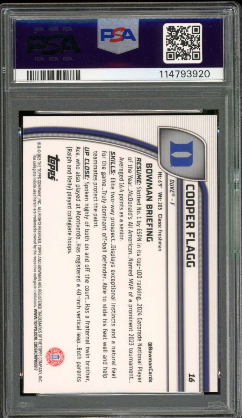 Cooper Flagg Rookie Card 2024-25 Bowman Chrome U Green Shimmer #16 PSA 10 Image 2