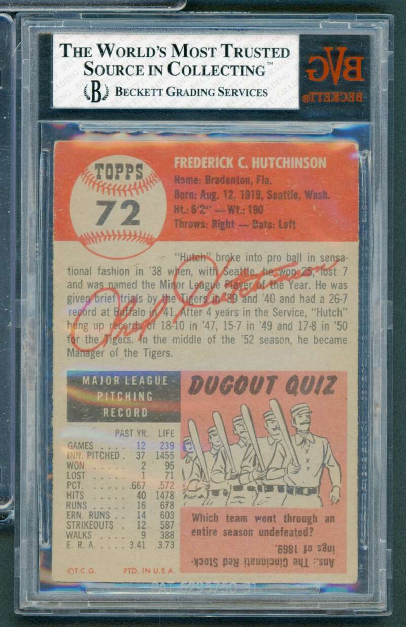 Fred Hutchinson Card 1953 Topps #72 BGS BVG 3.5 Image 2