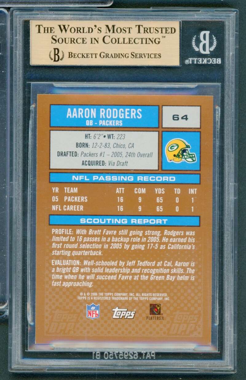Aaron Rodgers Card 2006 Topps DPP #64 BGS 9.5 Image 2