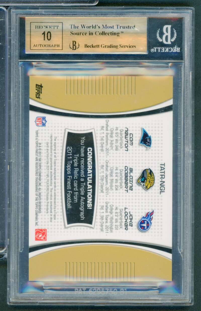 Cam Newton Rookie 2011 Finest Triple Jersey Autographs (Ser # 8/10) #NGL BGS 9.5 Image 2