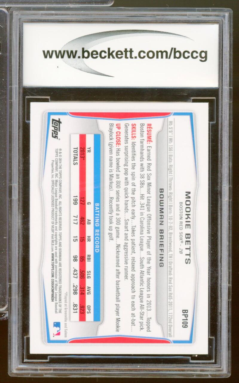 2014 Bowman Prospects #BP109 Mookie Betts Rookie Card BGS BCCG 10 Mint+ Image 2