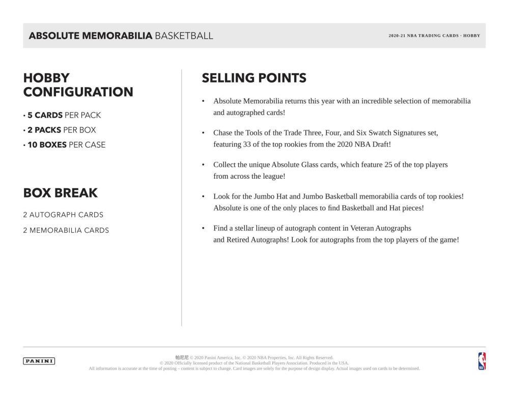 2020-21 Panini Absolute Memorabilia Basketball Hobby Box Image 5