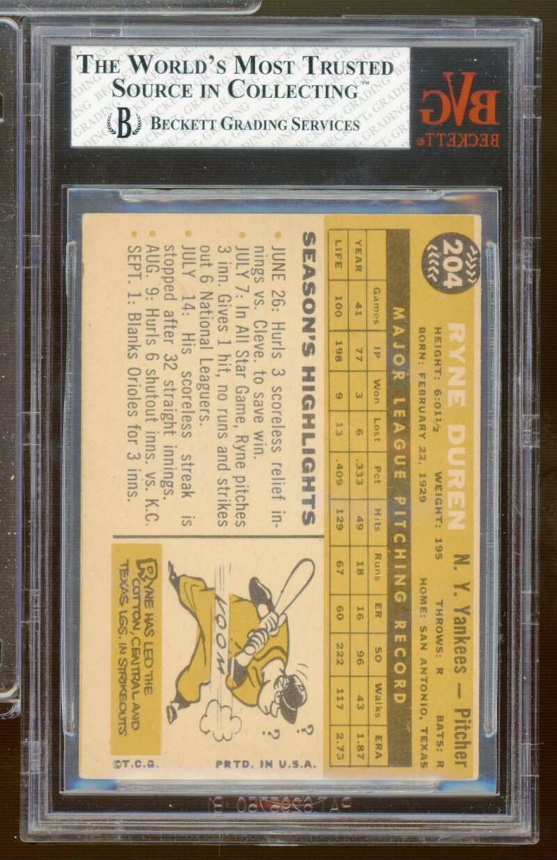 Ryne Duren Card 1960 Topps #204 BGS BVG 5 Image 2