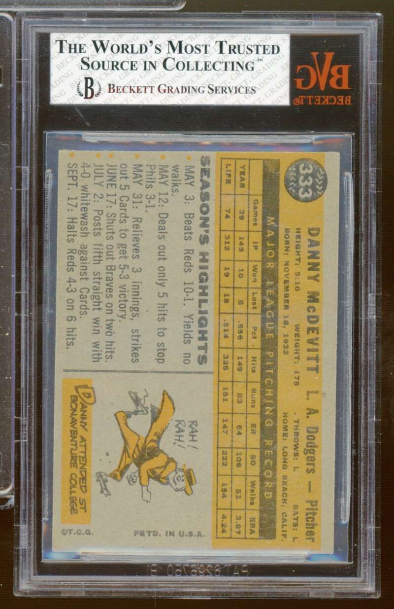 Danny McDevitt Card 1960 Topps #333 BGS BVG 5.5 Image 2