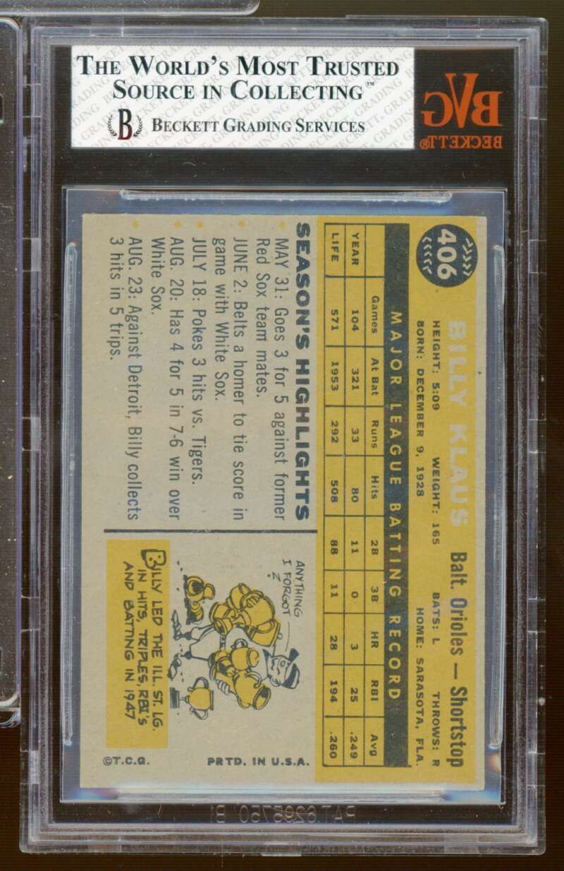 Billy Klaus Card 1960 Topps #406 BGS BVG 5 Image 2