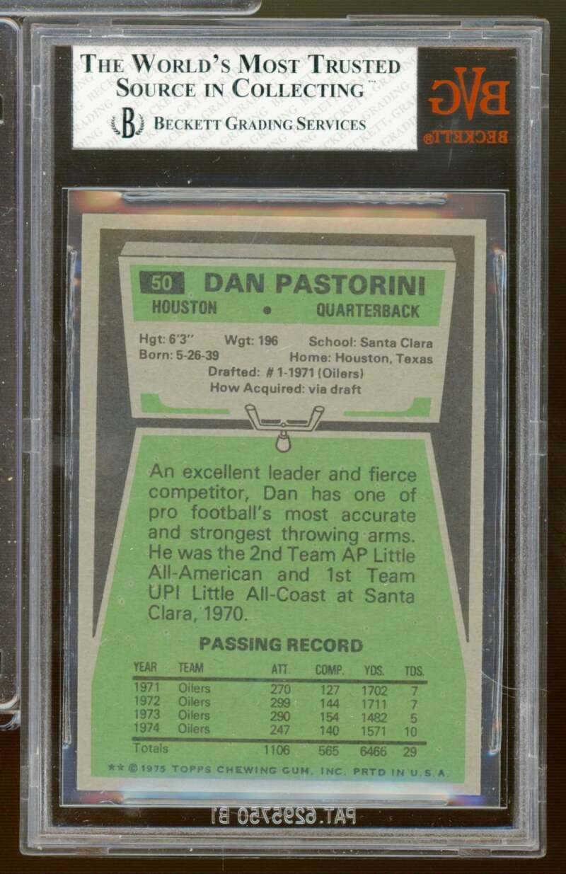 Dan Pastorini Card 1975 Topps #50 BGS BVG 8 Image 2