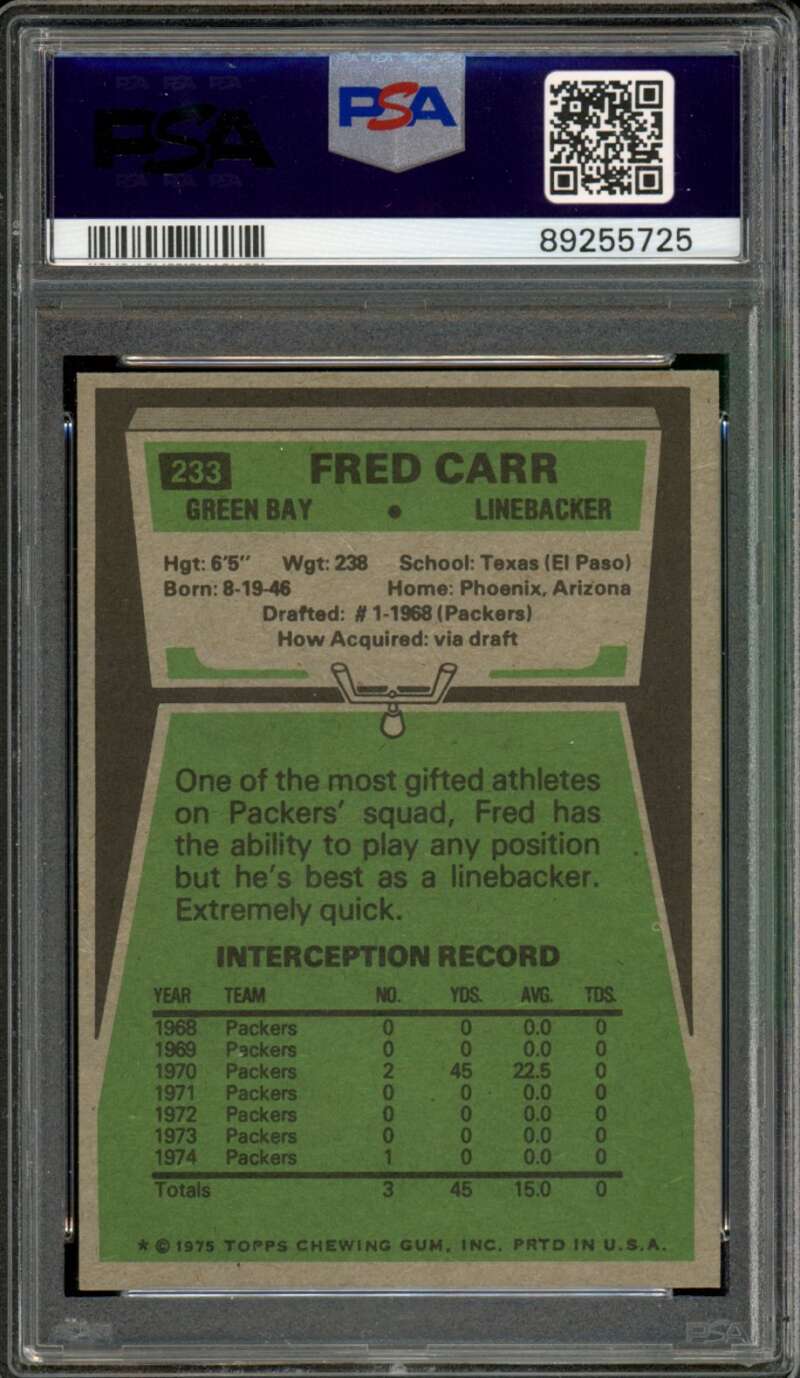 Fred Carr Card 1975 Topps #233 PSA 9 Image 2