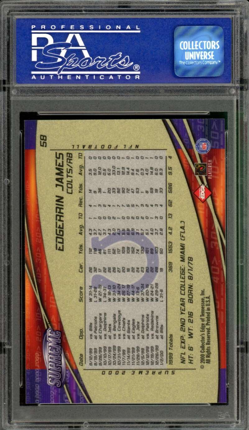 Edgerrin James Card 2000 Coll. Edge Supreme #58 PSA 9 Image 2