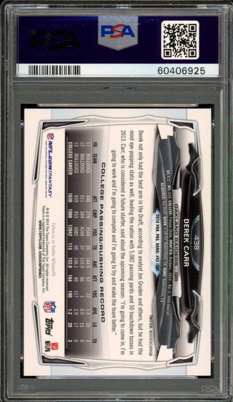 Derek Carr Rookie Card 2014 Topps #438 PSA 10 (holder scratch) Image 2