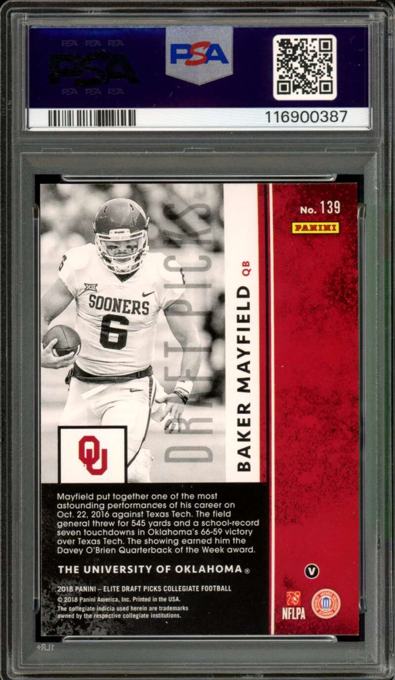 Baker Mayfield Rookie Card 2018 Panini Elite Draft Picks #139 PSA 9 Image 2
