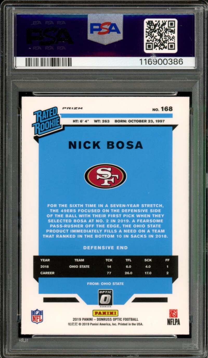 Nick Bosa Rookie Card 2019 Panini Donruss Optic Pink #168 PSA 10 Image 2
