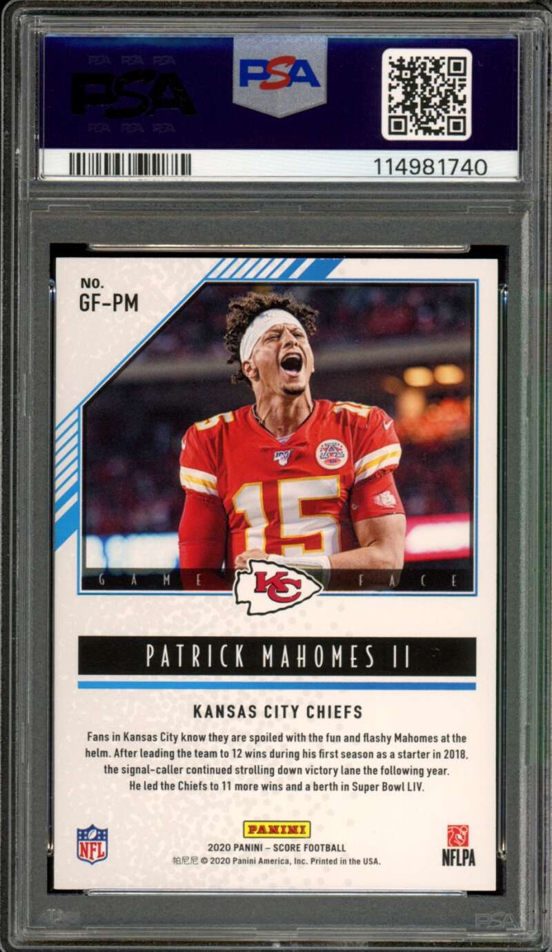 Patrick Mahomes II Card 2020 Panini Score Game Face #GFPM PSA 9 Image 2