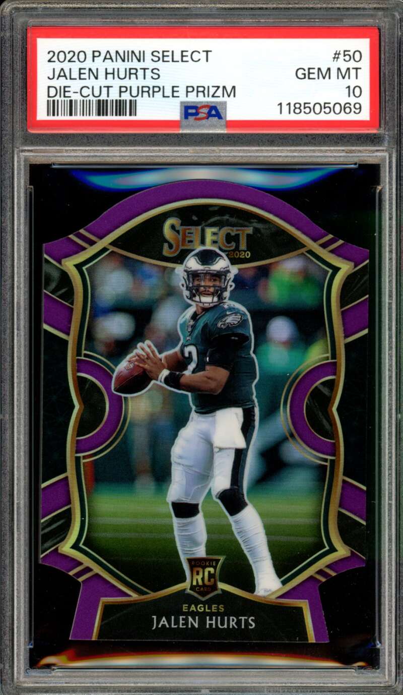 Jalen Hurts Rookie Card 2020 Panini Select Die Cut Purple Prizm #50 PSA 10 Image 1