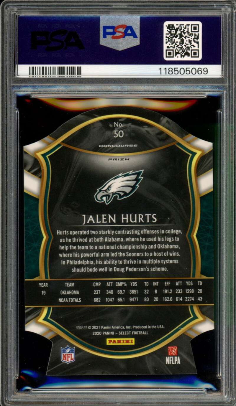 Jalen Hurts Rookie Card 2020 Panini Select Die Cut Purple Prizm #50 PSA 10 Image 2