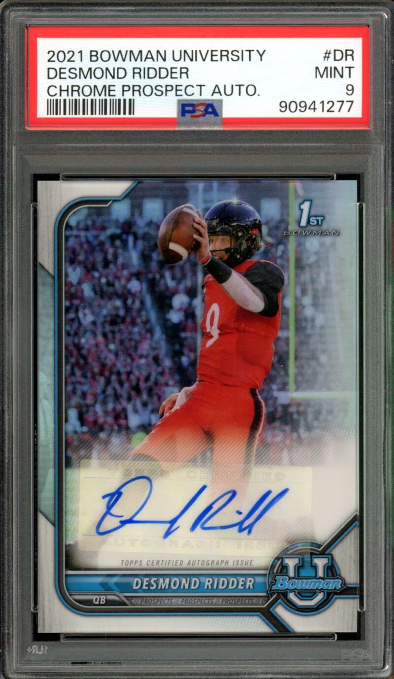 Desmond Ridder Rookie Card 2021 Bowman University Chrome Prospect Auto #DR PSA 9 Image 1