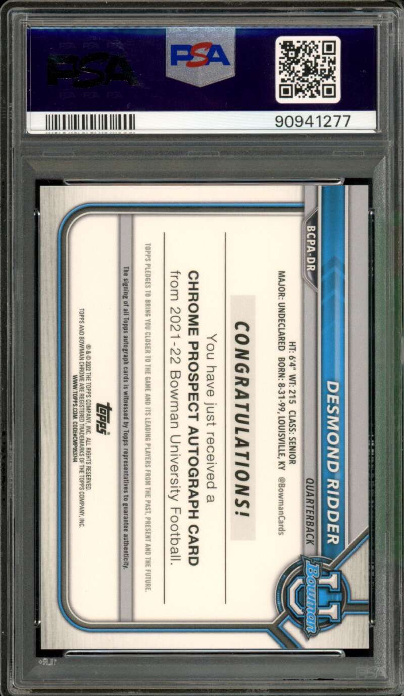 Desmond Ridder Rookie Card 2021 Bowman University Chrome Prospect Auto #DR PSA 9 Image 2