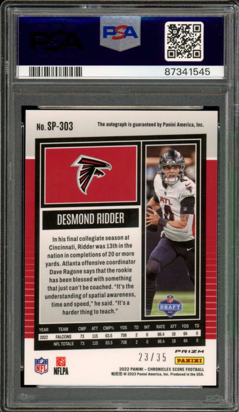 Desmond Ridder Rookie Card 2022 Chronicles Score Sig Artist Proof #SP303 PSA 9 Image 2