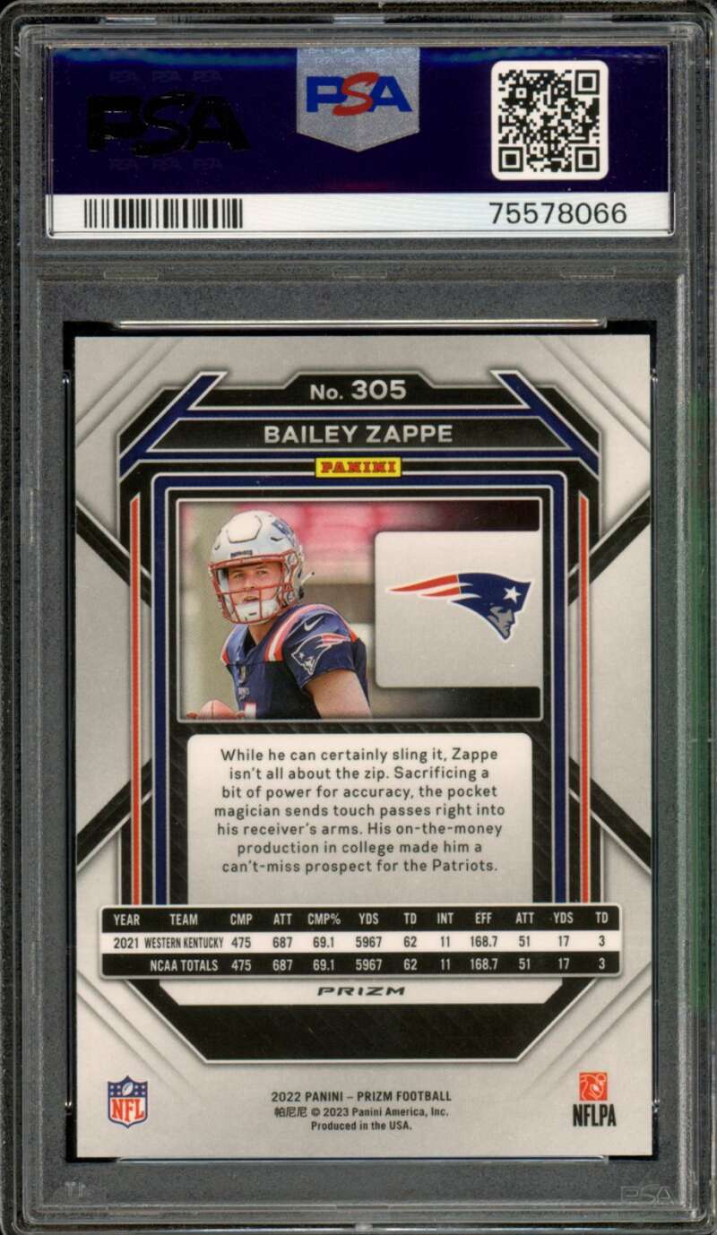 Bailey Zappe Rookie Card 2022 Prizm Green #305 PSA 10 Image 2