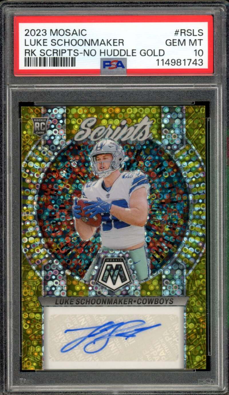 Luke Schoonmaker Rookie 2023 Mosaic Scripts-No Huddle Gold (6/10) #RSLS PSA 10 Image 1